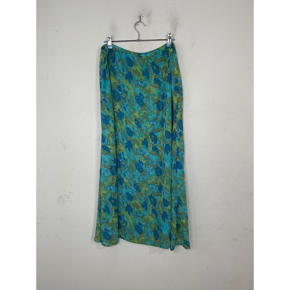 Coldwater Creek Blue Green Floral‎ Maxi Skirt Womens XL Side Zip A-Line H16498